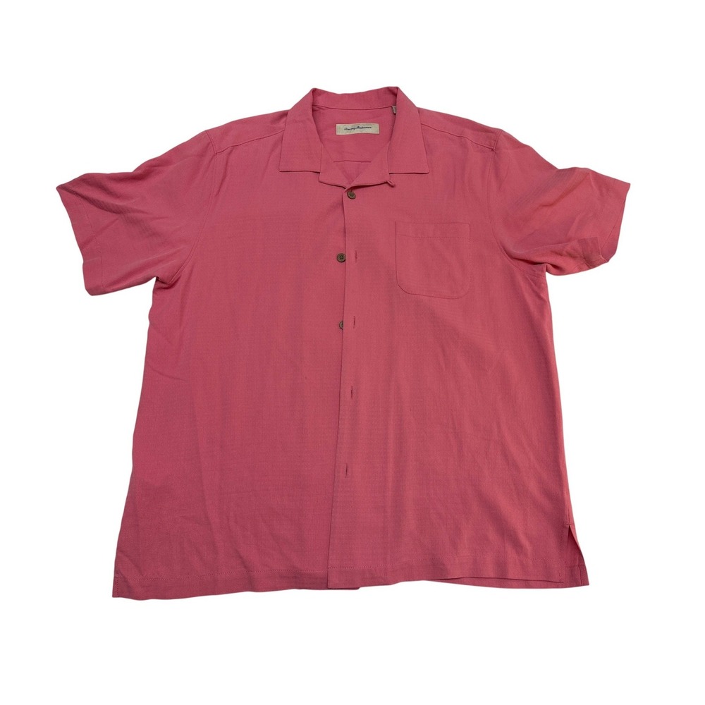 Tommy Bahama Mens Large Coral Pink 100% Silk Textured Short Sleeve Camp Shirt